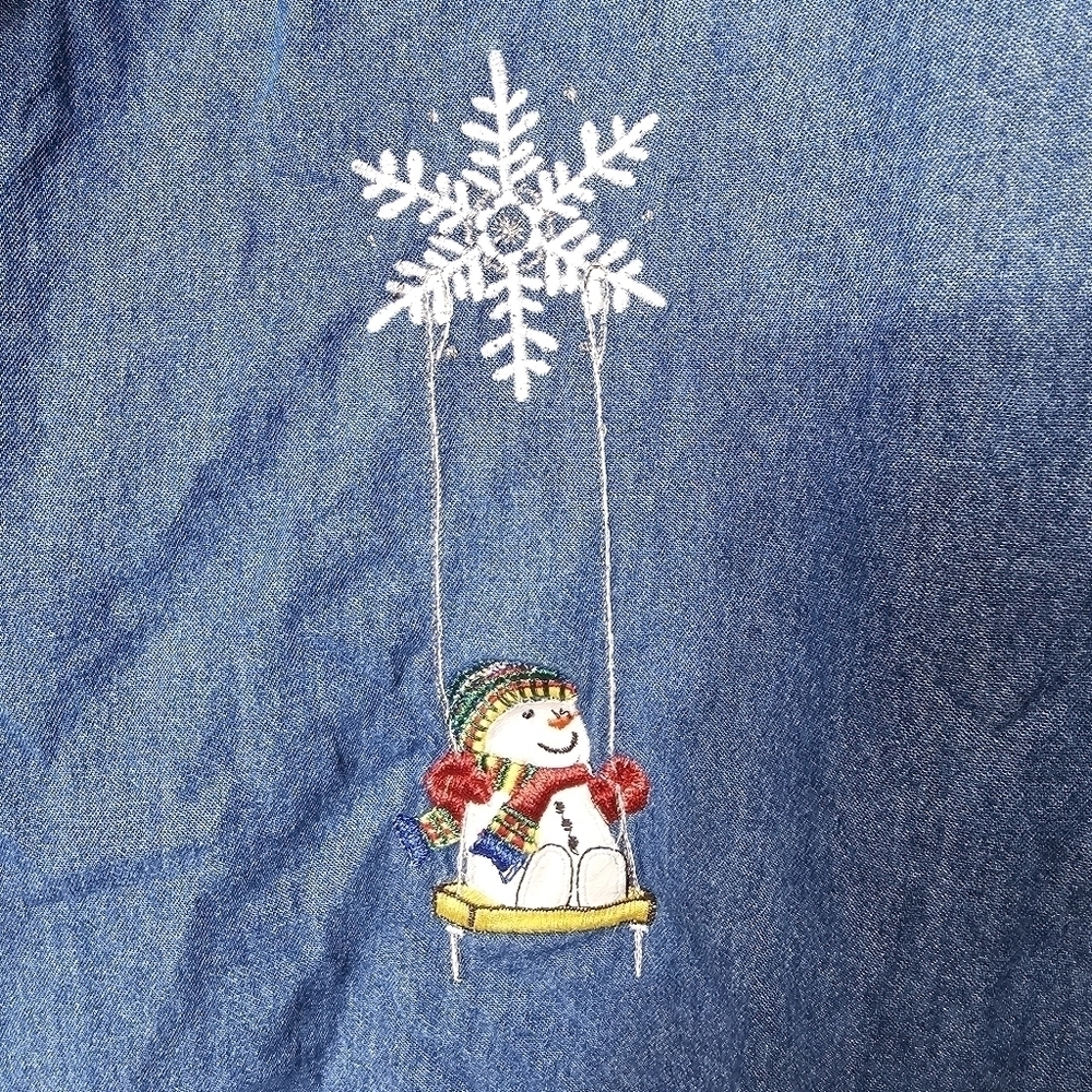 Lemon Grass Christmas embroidered denim button down long sleeve shirt